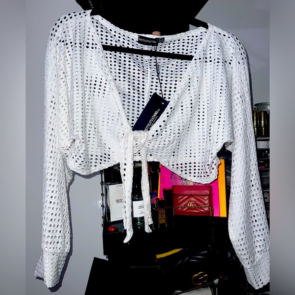 PLT White Fishnet Bardot Tie Front Crop Top